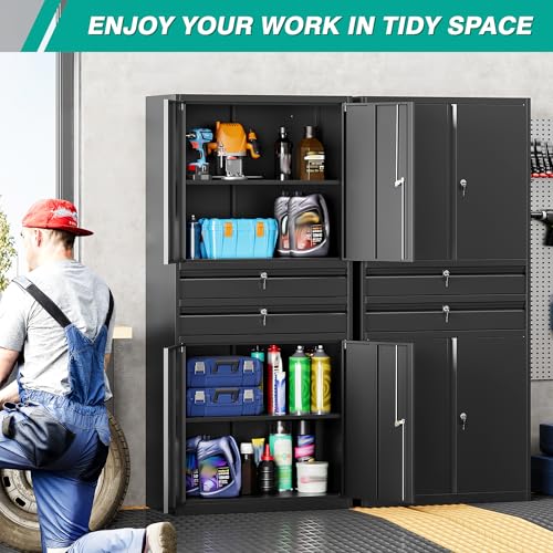 Image of SISESOL Metal Storage Cabinet with Drawer and Locks,Black Garage Storage Cabinet with Locking Doors and Adjustable Shelves,71 inch Tall Large Metal Cabinets with Magnetic Door for Home,Office,Garage