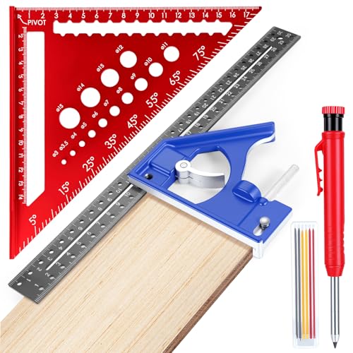 Ghekkli Ensemble D'outils de Menuisier, Équerre Combinée avec Crayon, 300mm/12inch Alliage D'aluminium Equerres Menuisier, Réglable Carré de Vitesse en...