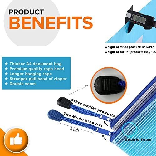 Mr.do A4 Thick Zip Document Wallet File Bag Folders with Label Pocket Plastic Wallets with Zipper Pouch Waterproof Hanging for School Office Supplies Paper Filing Household Bills Receipts Storage 5PCS