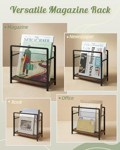 ART-GIFTREE Magazine Holder, Magazine Rack Floor, Metal Mesh with Wood Base Magazine Storage Basket, Folder Organizer Bin for Books, Newspapers, Mails, Files, Dark Brown - Thumbnail 6