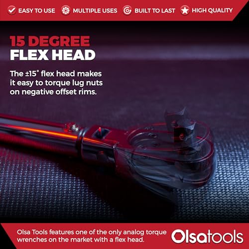 Olsa Tools Click Torque Wrench with Flex Head - 1/2" Drive - 24" Length - 50-250 ft-lb Range - Ratcheting Torque Wrench - ±3% CW - ±5% CCW Accuracy - Professional Grade - Part: 1383