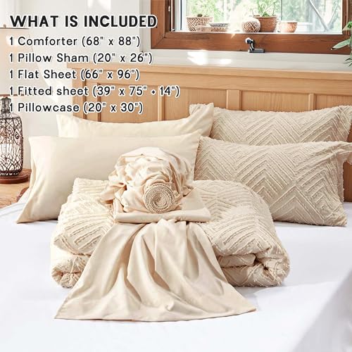 Image of Zzlpp Twin Comforter Set 5 Pieces, Beige Tufted Bed in a Bag with Comforter, Pillow Sham, Pillowcase, Flat Sheet, Fitted Sheet - All Season Boho Bedding Sets