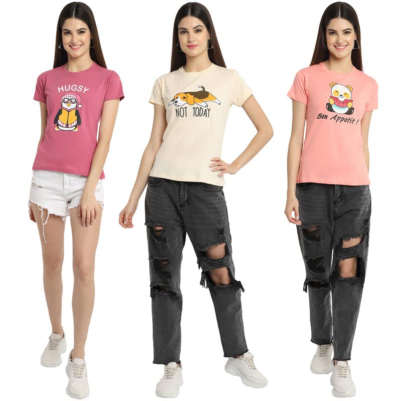 Image of Preneum Women's Cotton Regular Fit Graphic Stylish Printed Short Sleeves Casual T-Shirt || Trend Styles & Style (Pack 3)