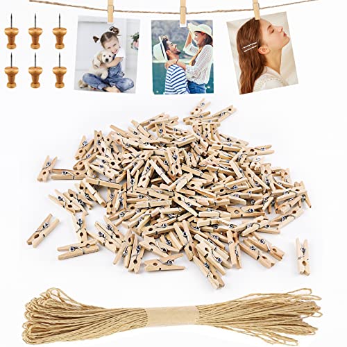 Furuising Lot de 157 Mini Pince a Linge Bois, 30mm Naturel Epingle a Linge, Petite Pinces à Linge avec 10m Corde de Jute et 6 Crampons,pour Mariage Cartes...
