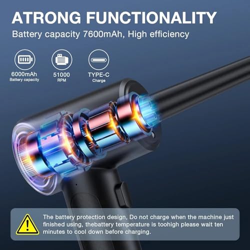 Image of Primate Cordless Air Duster for Electronics & Car Cleaning | 51,000 RPM Electric Air Blower with 3 Speeds, LED Light, 6000mAh Battery & 5 Nozzles