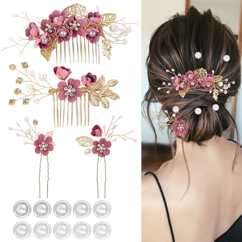4 horquillas elegantes para el pelo de novia, accesorios para el pelo de dama de honor, 10 horquillas con perlas en espiral para novias, damas de honor, mujeres y niñas (Rojo)