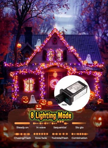 Image of Outdoor Halloween Lights, 39Feet 100 LED Mini Lights with 8 Lighting Modes, Connectable Halloween String Light Plug in for Garden Patio Party Haunted House Ghost Holiday Decoration, Orange & Purple