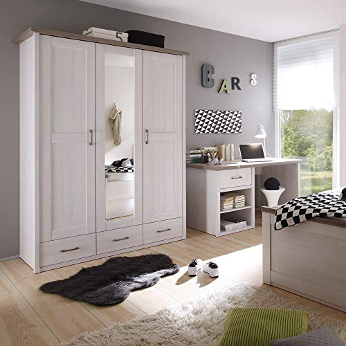 Stella Trading Stella Trading Eleganter Kleiderschrank im Landhausstil 3-türig - Vielseitiger Drehtürenschrank mit Spiegeltür in Pinie weiß / trüffel - 148 x 201 x 62 cm (B/H/T)