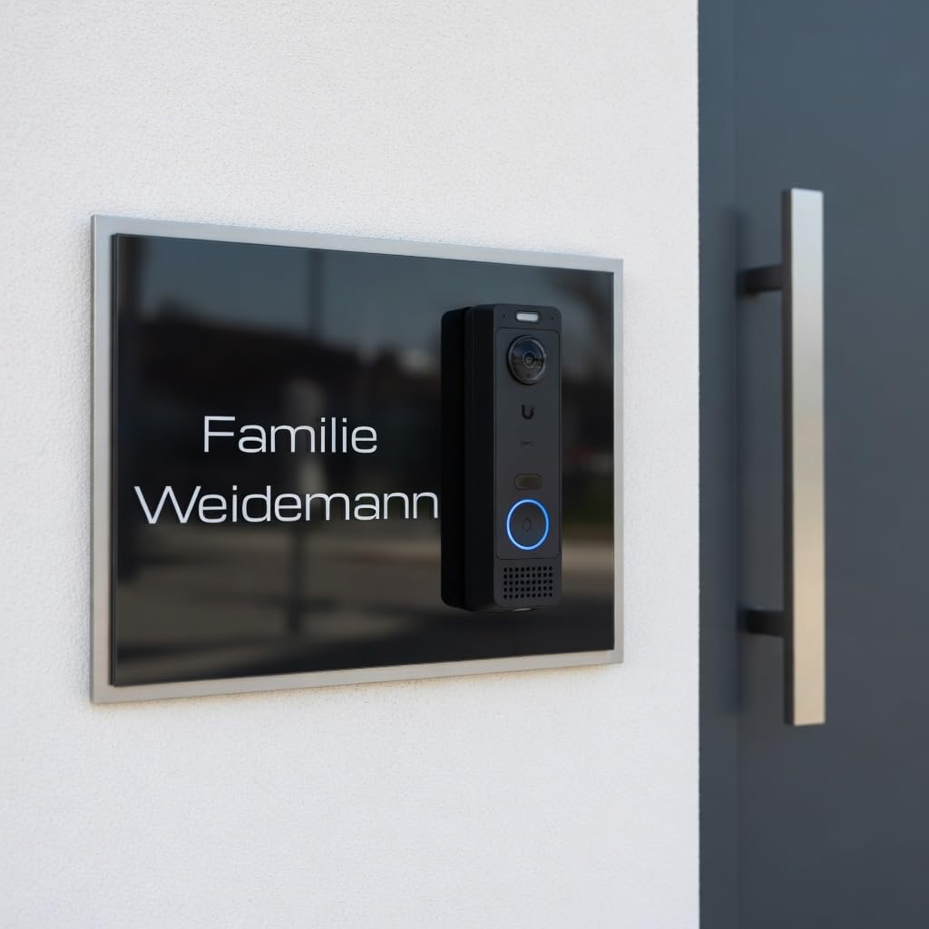 Namensschild für Ubiquiti UniFi G6 Entry aus Edelstahl & Hochglanz Acrylglas - Zubehör Schild für Video Türklingeln & Smart Home Systeme - Personalisiert & wetterfest (34x24 cm)