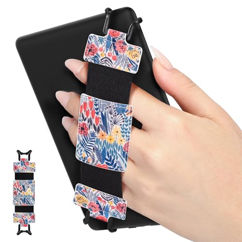 MoKo Soft Hand Strap for 6-8" eReaders Fire Tablet Kindle/Kobo/Voyaga/Lenovo/Sony Kindle E-Book Tablet, High-Elasticity Versatile Hand Strap Lightweight Finger Grip Holder, Blue Leaf Flower