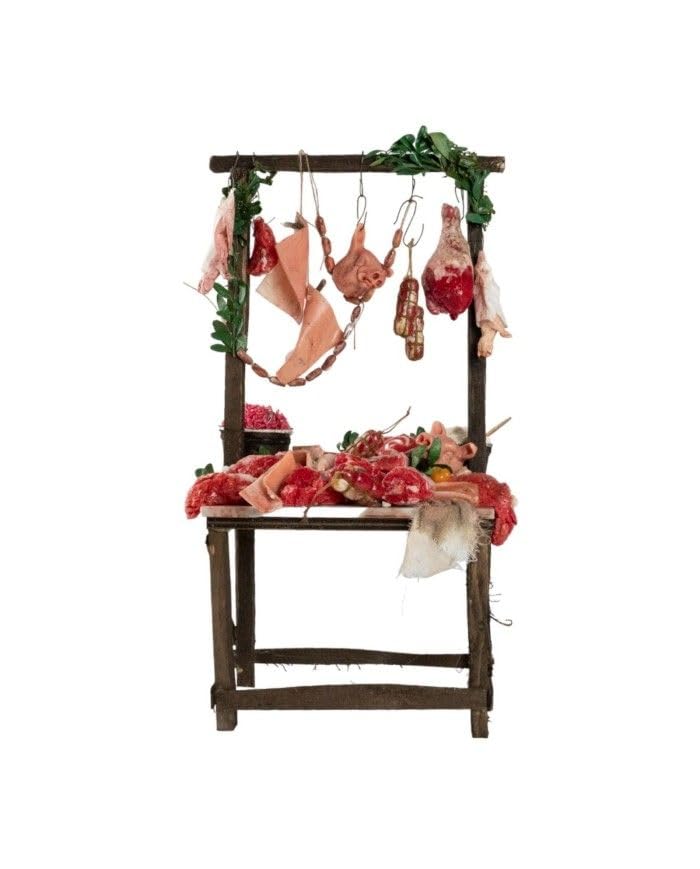 Chianese Banco Macellaio in Legno con Pezzi di Carne in Cera – Lavorato e Dipinto a Mano – Adatto per Statuine di 30/35 cm – Dimensioni 24x16x48 cm – Statuetta Esclusa