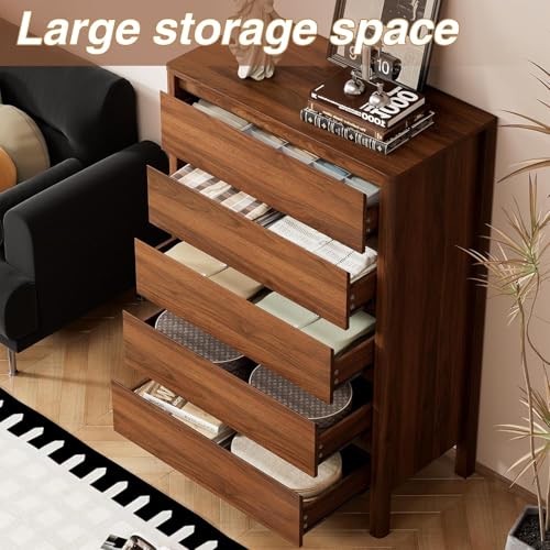 Image of Furniway Walnut Mid-Century Modern 3 Piece Bedroom Furniture Set, 5 Drawer Dresser with Handleless Wood Grain Design and Nightstands Set of 2, Minimalist Storage Dresser for Bedroom