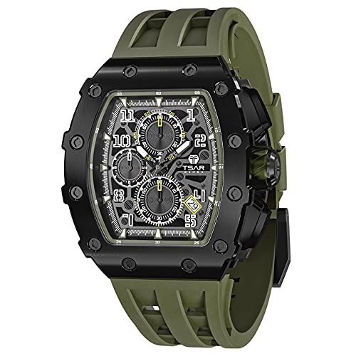 TSAR BOMBA Montres de Luxe pour Hommes Carré Montre-Bracelet pour Hommes 50M Chronographe Étanche Élégant Quartz Japonais Montres pour Hommes Premium Montre De Nuit en Argent avec Cover