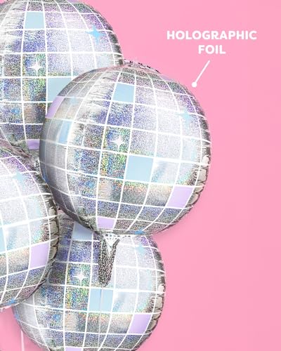 xo, Fetti Iridescent Disco Ball Foil Balloons - 4 pk, 22" | Last Disco Bachelorette Decorations, Groovy Birthday Party Supplies, 70s Baby Shower, NYE, Space Cowboy