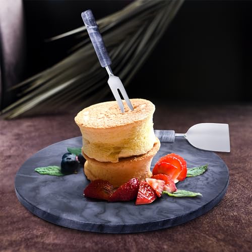 Marble Cheese Board & Utensil Set- 12” Round Black Marble Charcuterie Board & Cutting Board Set- Handmade Marble Serving Tray for Wine Meat Cheese Platter with 3 Piece Knife Set- Cheese Board Marble