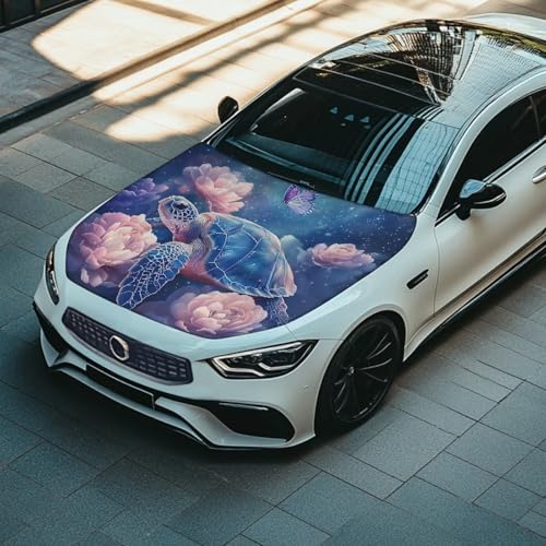Image of Turtle Pink Flower Car Hood Cover 59x39 Inch Car Hood Protector Car Hood Flag All Weather Universal Car Exterior Accessories for Sedan SUV Truck Pickup Jeep