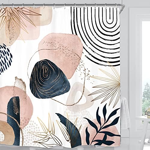Miyotaa Abstract Modern Shower Curtain Set 60Wx71H Inches Minimalist Aesthetic Contemporary Women Leaves Plant Navy Pink Art Polyester Waterproof Cloth Bathroom Curtain with 12 Hooks