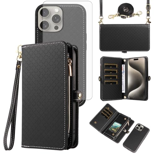 Coque iPhone 15 Pro Max Asuwish avec portefeuille zippé amovible et verre trempé