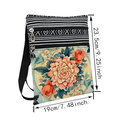 Colorful Flower Messenger Bag Small Ethnic Pattern Printed Adjustable Strap Crossbody Zipper Bag Colorful Flower Phone Bag Wallet Cute Shoulder Handbag for Women Friends -62