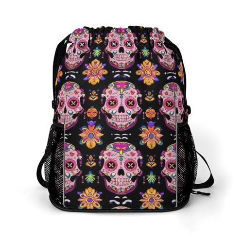 Men's Large Capacity Day Dead Colorful Sugar Skull Drawstring Backpack, Waterproof Pull String Sport Bag for Hiking Travel Gym Beach Swim