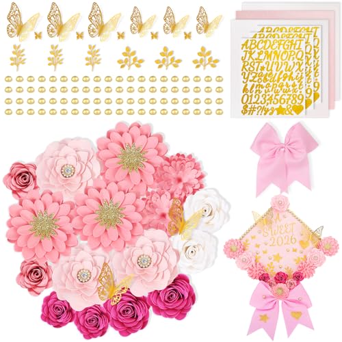 Premium Graduation Cap Topper Kit 2026 with 350g Glitter Cardstock Base - 3D Paper Flowers Butterflies & Letters Decoration Set - Removable Insert for Mortarboard & Keepsake Frame