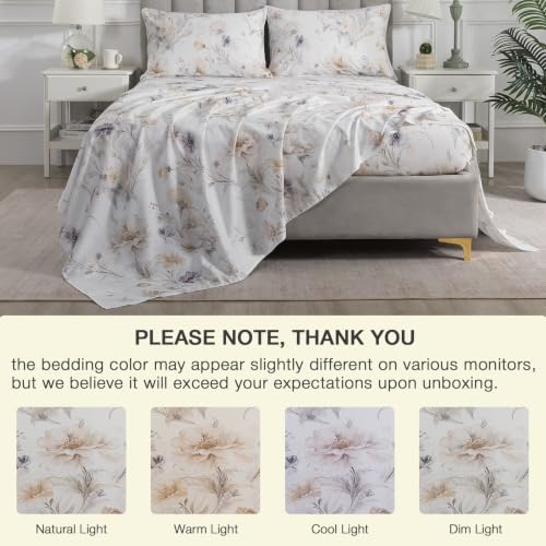 Image of Vintage Brown Floral Percale Bed Sheets Full Size Deep Pocket 4Pcs | 100% Cotton White Flower Sheet Set, Blooms Printed Shabby Chic Sheets, Cottagecore Luxury Bedding, Farmhouse, Soft Crisp