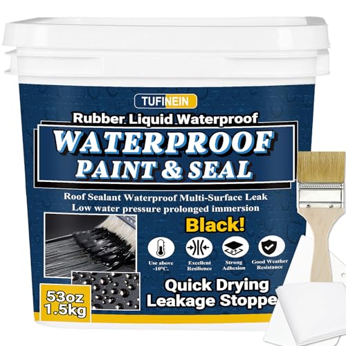 Rubber Liquid Waterproof Sealant, TUFINEIN 53oz/1.5kg Black Quick Drying Multi Surface Foundation Leak Repair - Roof Gutters Basement Sealer Waterproof - Indoor & Outdoor Flexible Rubber Paint