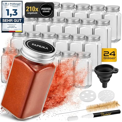 Cuccinara® 24 Gewürzgläser Eckig 120ml mit 210 Etiketten, Aluminiumdeckel & Streueinsätzen (grob & fein) - Luftdichte Gewürzdosen inkl. Trichter, Permanentmarker & Bürste - Spülmaschinenfest