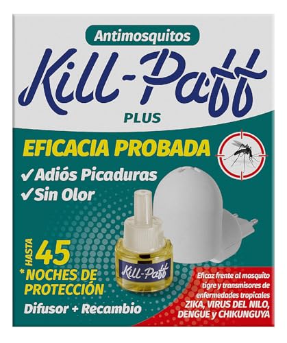 KILL-PAFF | Antimosquitos Eléctrico | Protección Eficaz Contra Mosquitos Tigre y Transmisores de Enfermedades Tropicales | Sin Olor | 45 Noches de Protección | 1 Difusor Eléctrico + 1 Recambio 33 ml