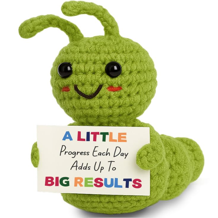 Mini Positive Progress Caterpillar – Motivational Crochet Doll for Kids Teens Adults, Small Encouragement Gifts for Students, Back to School Study Desk Decor, Uplifting Plush Reminder