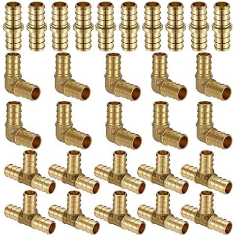(30 Pack) Lidertik Pex Fittings 1/2 Inch Assortment Lot Kit Brass Crimp Connector Lead Free Brass, 1/2" PEX Straight Coupling (10 Pack), 1/2" PEX 90 Degree Elbow (10 Pack), 1/2" PEX Tee (10 Pack) Cover
