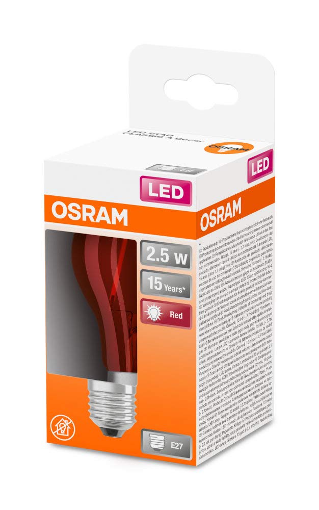 OSRAM Lampa LED | Trzonek: E27 | Czerwony | 3000 K | 2,50 W | przezroczysta | LED STAR DÉCOR CLASSIC A [Klasa efektywności energetycznej A]