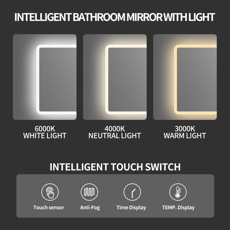 Store Six LED Specchio 150x80 cm, specchio da bagno con illuminazione frontale e posteriore, dimmabile touch, 3 colori, anti-appannamento, bordo gelido