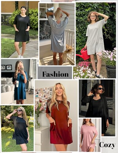 Image of Ekouaer Sleep Shirts for Women Nightgown Short Sleeves T shirt Night Dress Round Neck Womans Nightgown with Pocket S-XXL