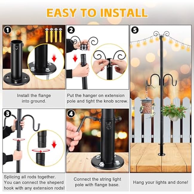 String Light Poles for Outside, 10FT Heavy Duty Outdoor String Light Pole Stand with Shepherd Hooks for Wood Deck Concrete Patio Garden Backyard Wedding Party Bird Feeder Lanterns Flower Basket 1PC