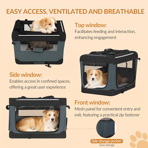 Fobyfurny Hundebox Faltbar, Hundetransportbox Tragbare mit 3-Türen, 60 x 42 x 42 cm, Transportbox Hund Atmungsaktiv, Reflektierenden Verzierungen und Taschen, Oxford-Gewebe, Grau, FPDT001OG1