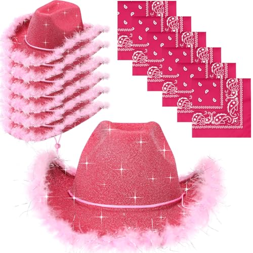 Image of Coume 12 Pcs Sparkly Adults Cowboy Hat and Bandanas Women Men Western Glitter Cowgirl Party Hats with Adjustable Drawstring