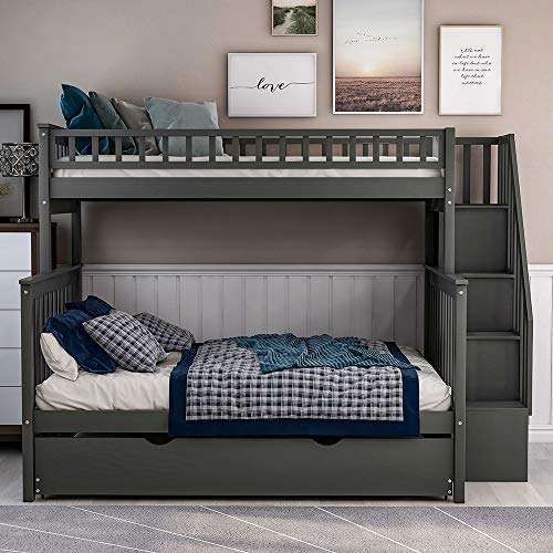 Twin Over Full Bunk Beds with Trundle, Rockjame Wood Space Saving Design Stairway Bunk Bed Frame with Storage, Convertible to 2 Separated Beds, Great for Kids and Teenagers (Gray) - Thumbnail 3
