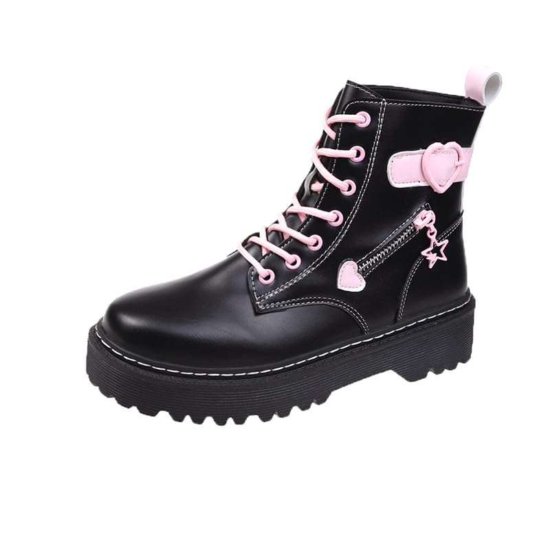 Women Platform Goth Boots Chunky Heel Punk Rave Boots Lace Up Combat Booties Round Toe Booties Shoes Cute Lolita Shoes