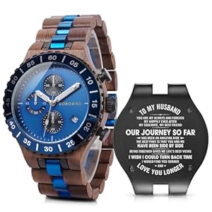 2win Engraved Wooden Watches for Men Blue Date Chronograph Military Luxury Personalized Customized Wrist Watches Anniversary Watch Gift for Husband My Man Boyfriend