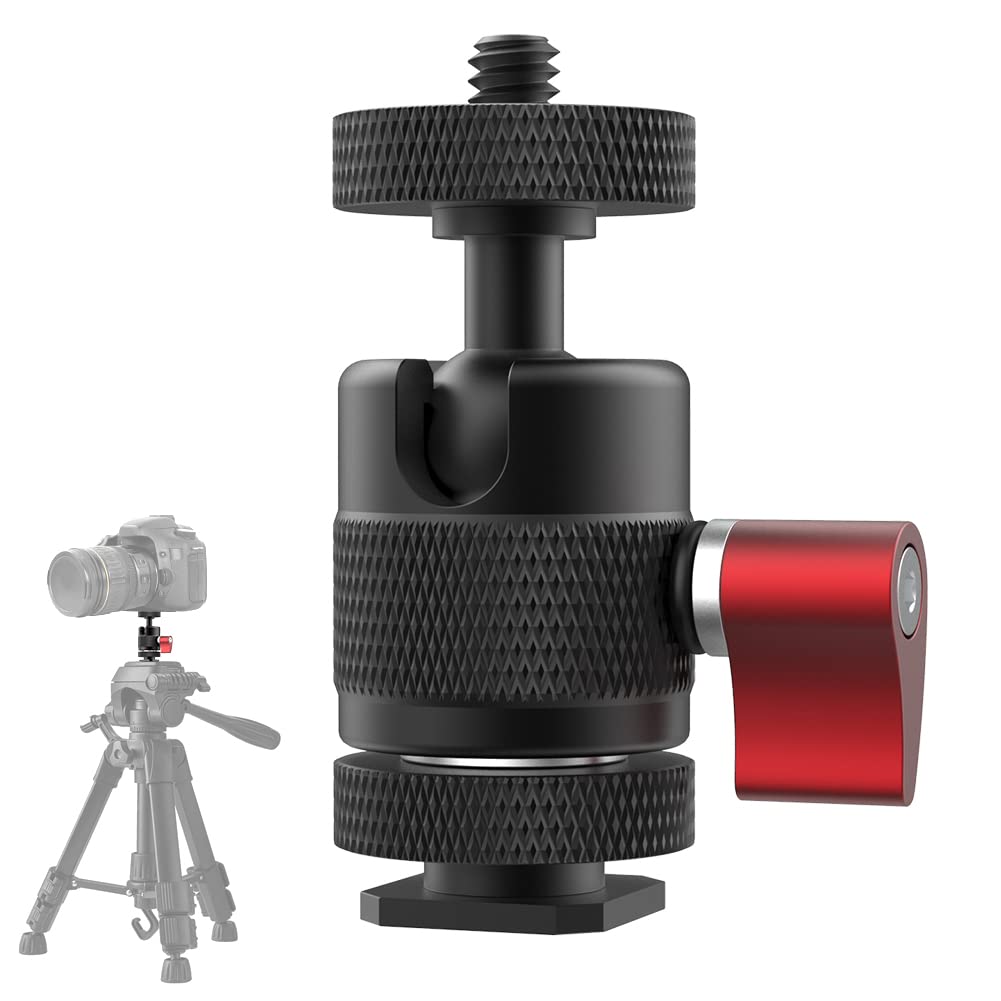 Aluminum Ball Head Mount Adapter with 1/4” Screw Hot Shoe 360 Degree Rotatable Compatible with DSLR Cameras Tripods Monopods