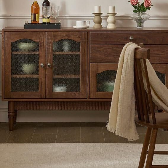 Mueble Buffet Moderno Vitrina de Almacenamiento con cajones Nogal Negro y Vidrio, Estilo Retro for Sala Estar Comedor, contra la Pared