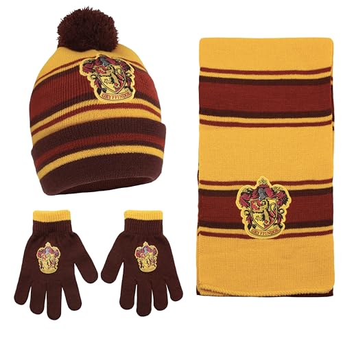 Harry Potter Gryffindor Kids Winter Hat Gloves Scarf Set for Boys and Girls Winter Hat for Kids 4-14 Years