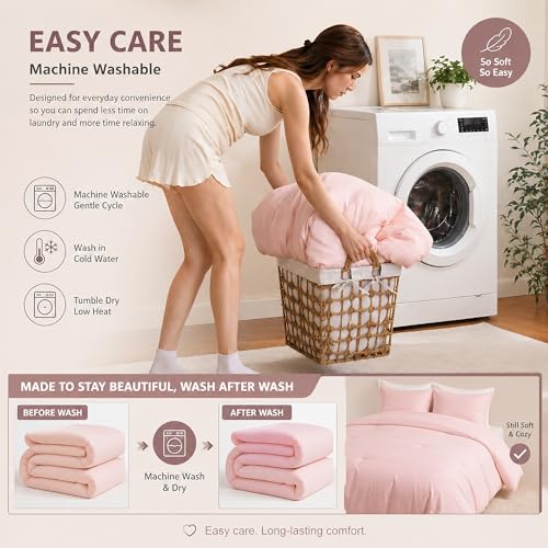 Image of weigelia Pink Comforter Sets King Size Comforter Set 3 Piece Soft Microfiber Comforters Set for Women and Girls Blush Lightweight Alternative Comforter for All Season (1 Comforter, 2 Pillowcases)