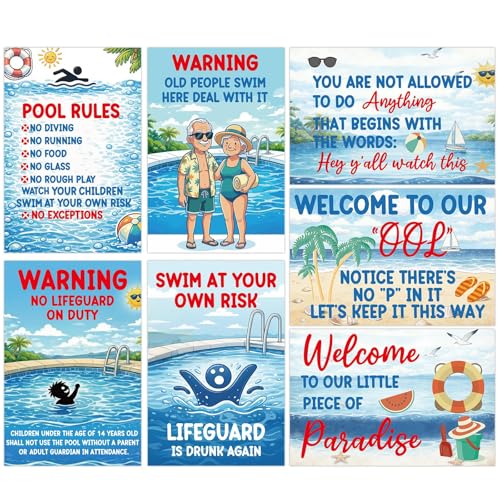 7PCS Pool Rules Signs Funny Pool Metal Tin Sign Swimming Warning Sign Summer Wall Decoration Swim at Your Own Risk Wall Art for Summer Backyard Deck Patio Beach Water Park Outdoor Decor 12x8 Inch