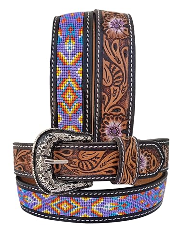 Western Beaded Belts For Young Adults Tooled Leather Heavy Duty Kids Beaded Belt 40IS108