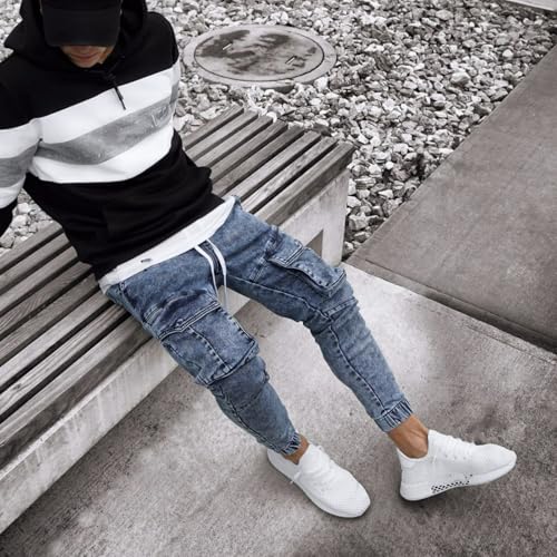 Jeans Pants Trousers Denim Stretch Slim Fit Trendy Washed Blue Sanding Fading Elastic Waistband Ankle for Men4
