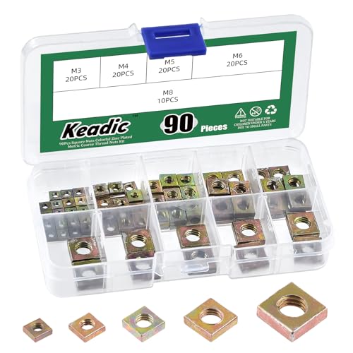 Keadic 90Pcs Yellow Zinc-Plated Square Nuts Assortment Kit, M3x5.5mmx2mm, M4x7mmx2mm, M5x8mmx3mm, M6x10mmx3mm, M8x13mmx4mm Coarse Thread Nut for Furniture, Electrical Appliances