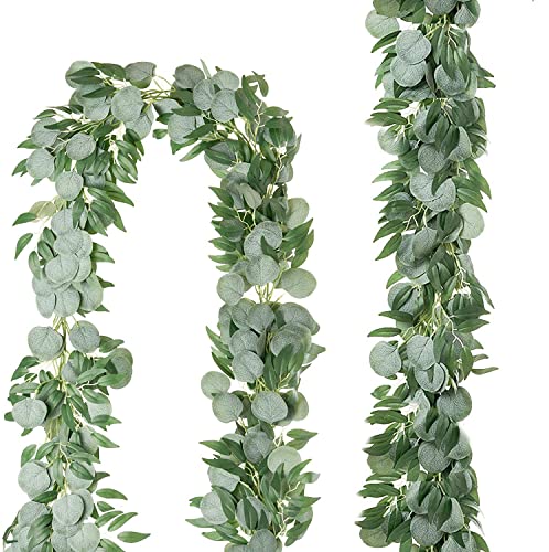 2er Pack künstliche Eukalyptus Girlande mit Weidenblättern, 6,5 Fuß, Eukalyptus Blatt Reben Pflanze Deko Girlande für Hochzeitsdekoration, Tischdekoration, Weihnachten, Halloween Cover