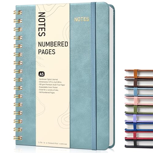 Lined Spiral Journal Notebook, A5 Hardcover Spiral Journals for Women Men, 150 Numbered Pages Spiral Bound Notebook, 100 GSM College Ruled Notebooks for Writing Note Taking 5.75" x 8.38", Misty Blue